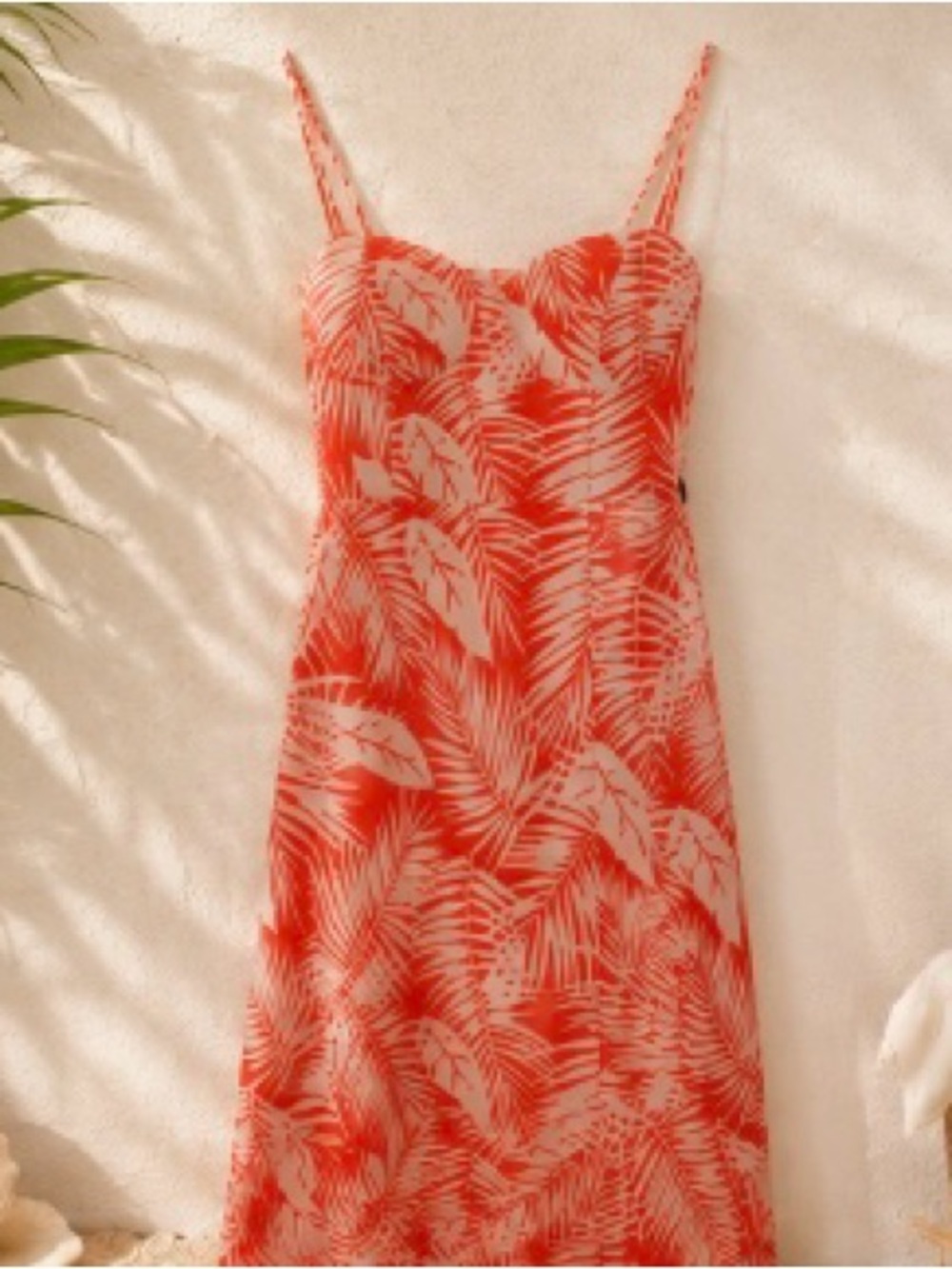 Women’s Orange & White Tropical Leaf Print Midi Dress | Size M
